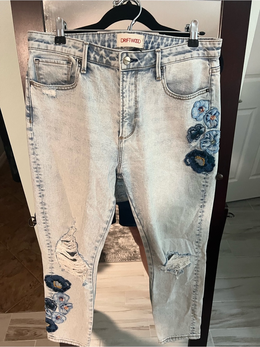 DRIFTWOOD Light Wash Jeans with Blue Floral Embroidery